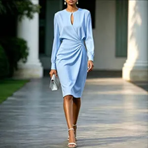 Close-up view of the elegant light blue long-sleeve midi dress featuring a stylish draped waist.