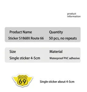 Waterproof Route 66 PVC sticker pack, 50 non-repeating decals, 4-5cm size for DIY decoration.