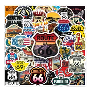 Route 66 waterproof vinyl stickers pack, vintage American highway decal bundle for laptop and luggage.