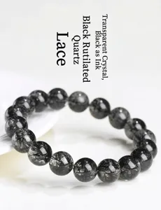 Natural Black Rutilated Quartz Round Bead Bracelet Detail View High Quality Crystal Jewelry