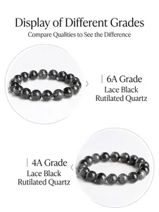 Natural black rutilated quartz bead bracelet with fine needles, elegant crystal jewelry detail.