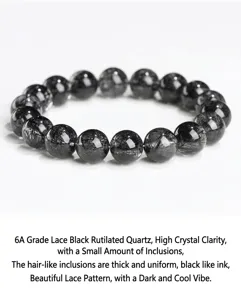 Natural black rutilated quartz beaded bracelet, high clarity crystal gemstone jewelry.