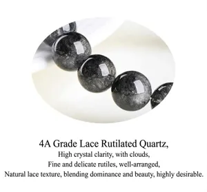 Close-up detail of natural black rutilated quartz round bead bracelet with fine rutile needles.