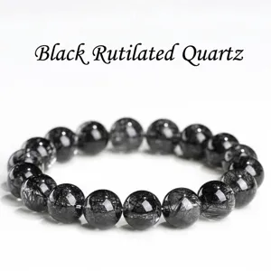 Natural Black Rutilated Quartz Round Bead Bracelet Lace Pattern Healing Gemstone Elastic Bracelet For Men Women Jewelry Gift