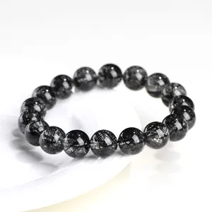 Natural 7A Black Rutilated Quartz Round Bead Bracelet for women, elegant crystal jewelry gift.