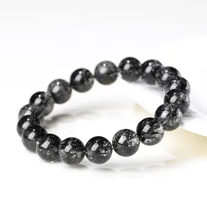 Natural Black Rutilated Quartz Crystal Round Bead Bracelet Gemstone Jewelry Main View