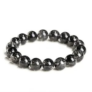 Natural 7A Grade Black Rutilated Quartz Round Bead Bracelet Full Hair Crystal Jewelry