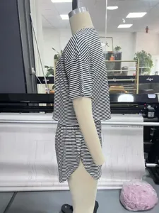 Knit striped pajama set for women, loose short sleeve top and shorts loungewear for spring.