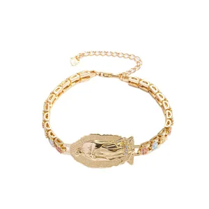 Gold Virgin Mary rhinestone bracelet elegant religious jewelry gift for women daily wear