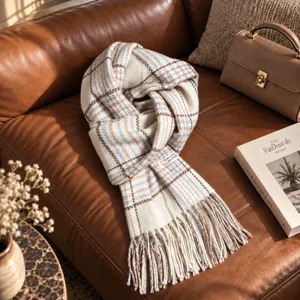 White plaid winter scarf with tassels, cozy cashmere feel soft knit neck wrap for women.