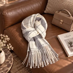 Cozy off-white plaid winter scarf with fringe, elegant knitted shawl for women and students.
