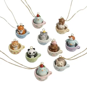Simpatico set di collane con ciondolo a tazza di animali in ceramica, volpe, panda, gatto e riccio gioielli.