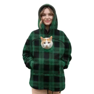Green black plaid fleece hoodie for women, cozy oversized sherpa hooded sweatshirt.
