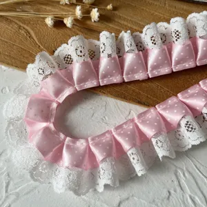Lolita lace trim pleated pink dot ribbon DIY handmade apparel sewing decorative material