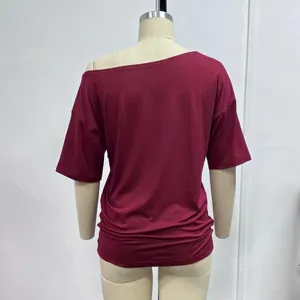 Back detail of a stylish women solid color off shoulder loose t shirt, casual y2k summer top.