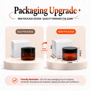Amber glass cosmetic jar and white paper box packaging upgrade detail with dimension markings.