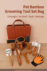 Bambus Haustier Fellpflege Set mit Ledertasche, Zupfbürste, Kamm und Nagelknipser für Hunde.