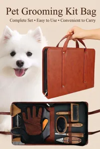 Haustier Pflegeset Tasche mit Holzgriff Buersten, Kaemmen und Nagelknipser fuer Hunde.
