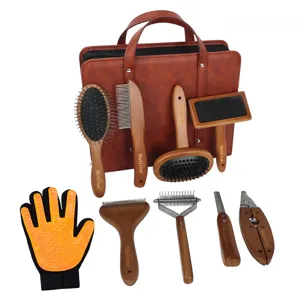 Haustier Pflege Set mit Holzgriff Bürsten, Kämmen, nagelknipser und Aufbewahrungstasche.