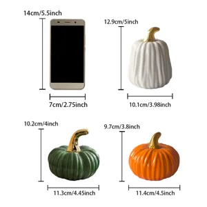 Detail view of ceramic pumpkin ornament dimensions, showcasing white, green and orange styles.