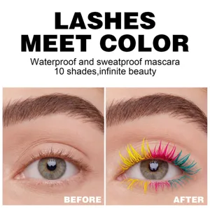 Colorful waterproof mascara detail view showing before and after effect with vibrant shades.