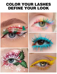 Detailed closeup of vibrant colorful mascara showcasing creative eye makeup and long lashes.