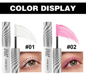 Handaiyan colored mascara detail view showing white and pink shades with applicator brush.