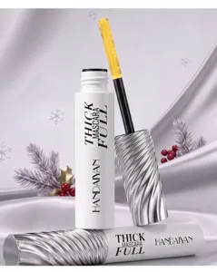 Detail shot of waterproof lengthening mascara with twist cap, smooth and natural finish.