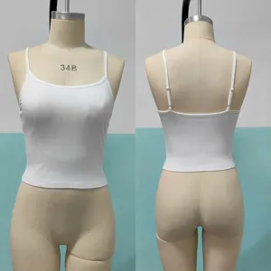 White slim fit camisole detail view, scoop neck tank top with adjustable straps, back display.