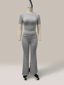 Women two piece casual workout set short sleeve crop top and flared pants in grey color
