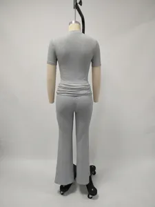 Women grey ribbed two piece set short sleeve crop top and low waist flare pants casual outfit