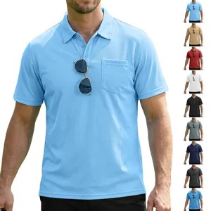 Détails du polo homme d'été respirant en maille à manches courtes avec poche et col.