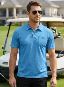 Vue détaillée de la poche en mesh respirant et du col de ce polo de golf bleu pour homme.