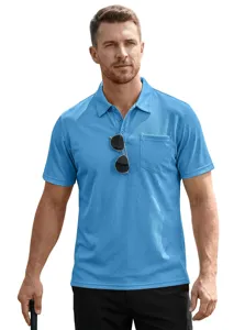 Homme polo manche courte mesh bleu clair avec poche poitrine detail vue style ete