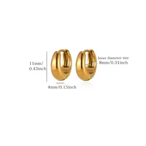 Gold-plated thick hoop earrings dimension guide showing 11mm height and 8mm inner diameter size.