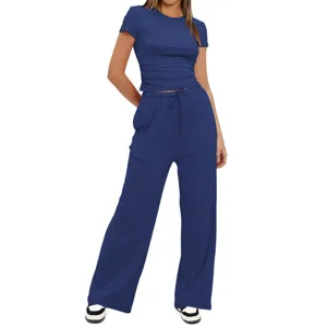 Ensemble deux pieces femme casual haut court manches courtes froncé pantalon large