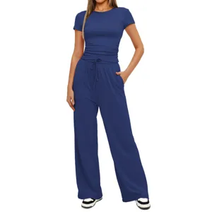 Dark blue women's short sleeve ruched top and wide-leg lounge pants two-piece set detail.