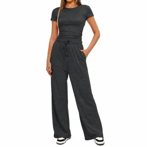 Detailed view of the dark grey women ruched short sleeve top and casual sweatpants set.