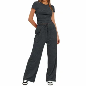 Ensemble deux pieces femme haut plisse manches courtes pantalon large de survetement