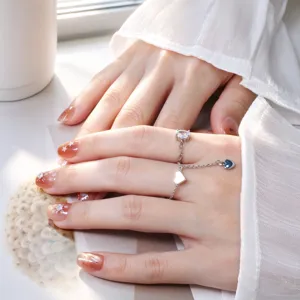 Verstellbarer Süßer Herz Stern Kette Ring Für Damen Kupfer Versilbert Strass Ausziehbarer Fingerring Modeschmuck
