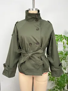 Women's Autumn Double Breasted Short Trench Coat with Belt Long Sleeve Lapel Outerwear