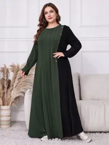 Große Größen Farbblock Rippstrick Langarm Maxikleid mit Knopfdetail für Herbst Winter.
