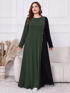 Plus Size Herbst Winter Farbblock Spleißen Langarm Rundhals Knopf Langes Kleid Damen Lässiges Strickkleid