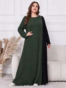 Große Größen Farbblock Rippstrick Maxikleid langarm mit Knöpfen für Damen Winter.