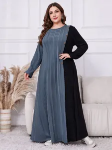 Plus Size Damen Langarm Strickkleid Rundhalsausschnitt Farbblock Knopf Maxi Kleid elegant.