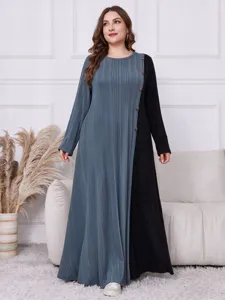 Plus Size Damen Farbblock Strick Maxikleid Langarm Knopf Detail Winter Elegant Lässig
