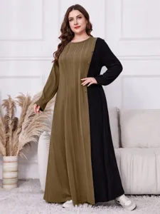 Plus Size Colorblock Strickkleid Langarm mit Knopfdetail fuer Herbst und Winter Mode