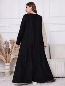 Plus Size Kontrast Farbe Strick Langarm Maxikleid Lässige Winter Stilvolle Kleidung