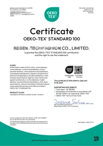 OEKO-TEX certified textile safety document for mens merino wool outdoor long sleeve.