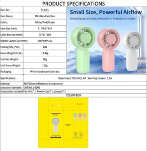 Mini handheld USB rechargeable fan detail view showing compact size, specs, and packaging.